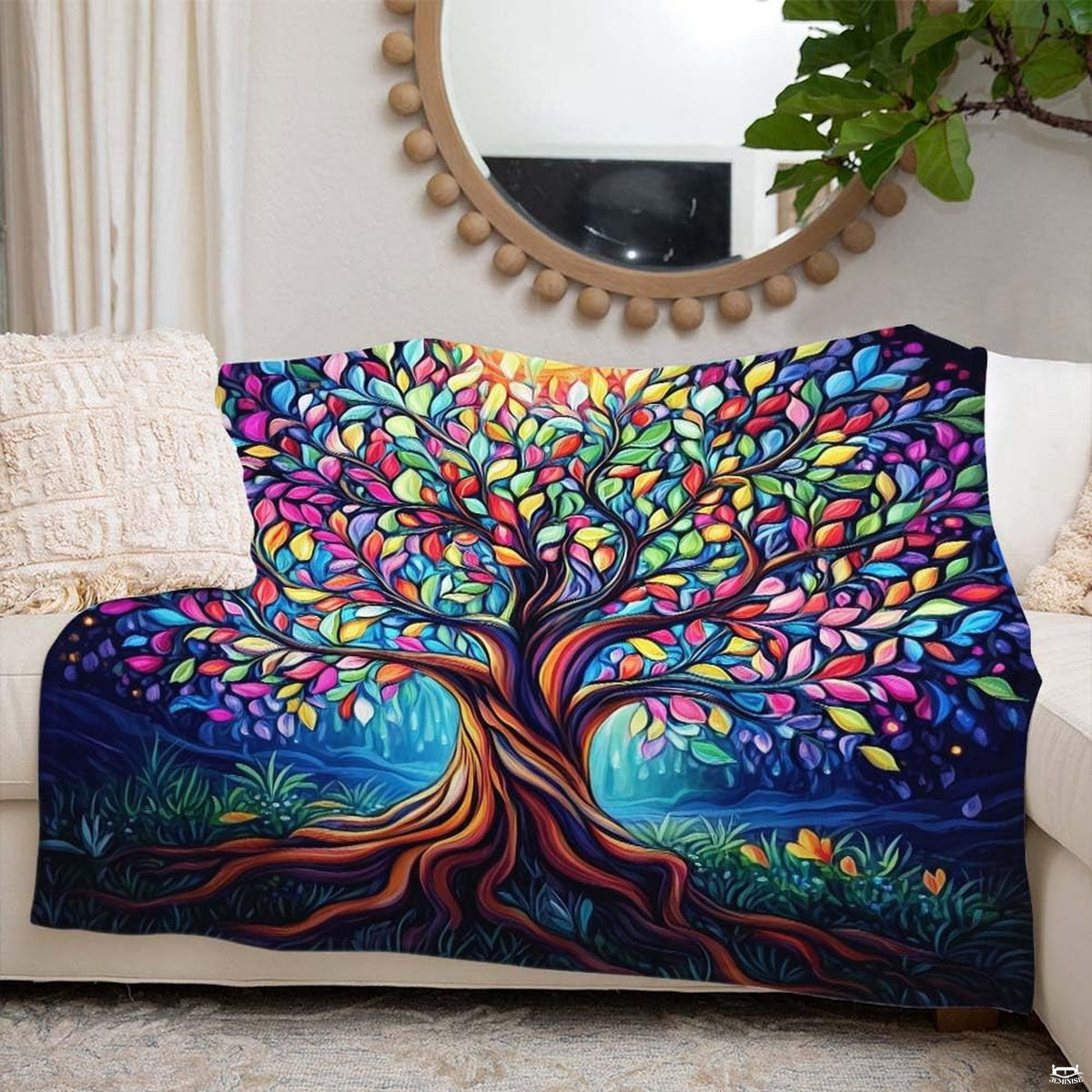 Artistic midnight sky backdrop with radiant tree of life design on bedding set