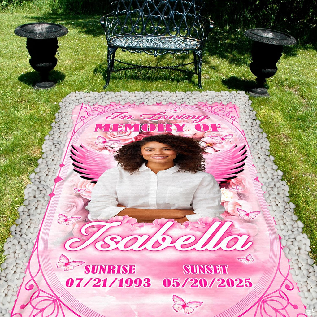 Outdoor garden perspective featuring pink tribute between decorative urns and park bench.