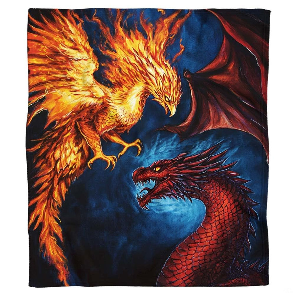 Phoenix dragon throw blanket displaying a fiery golden bird facing off against a horned crimson dragon.