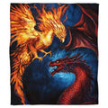 Phoenix dragon throw blanket displaying a fiery golden bird facing off against a horned crimson dragon.