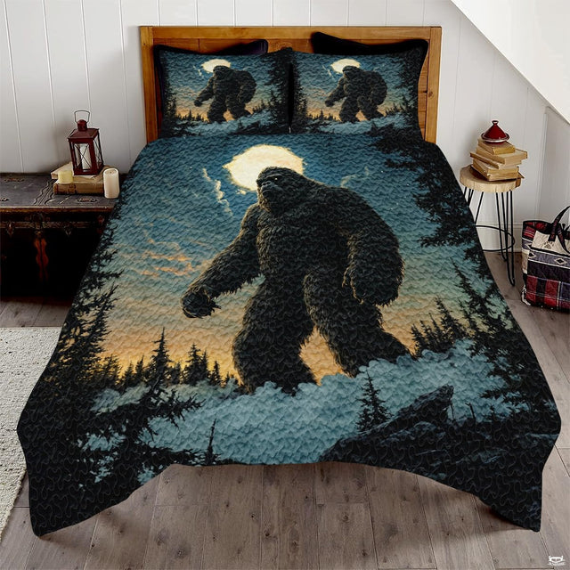Bigfoot walking through pine forest at sunset on rustic forest bedroom bedding set.