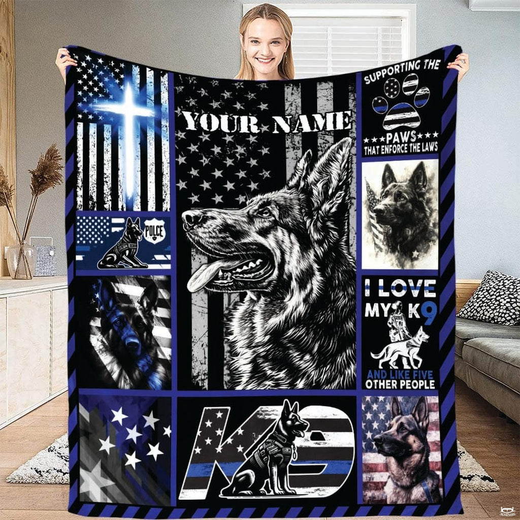 German Shepherd portrait art with thin blue line flag graphics and police badge emblems.