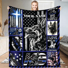 German Shepherd portrait art with thin blue line flag graphics and police badge emblems.