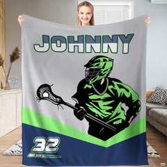 Green athletic lacrosse player action blanket held upright by model