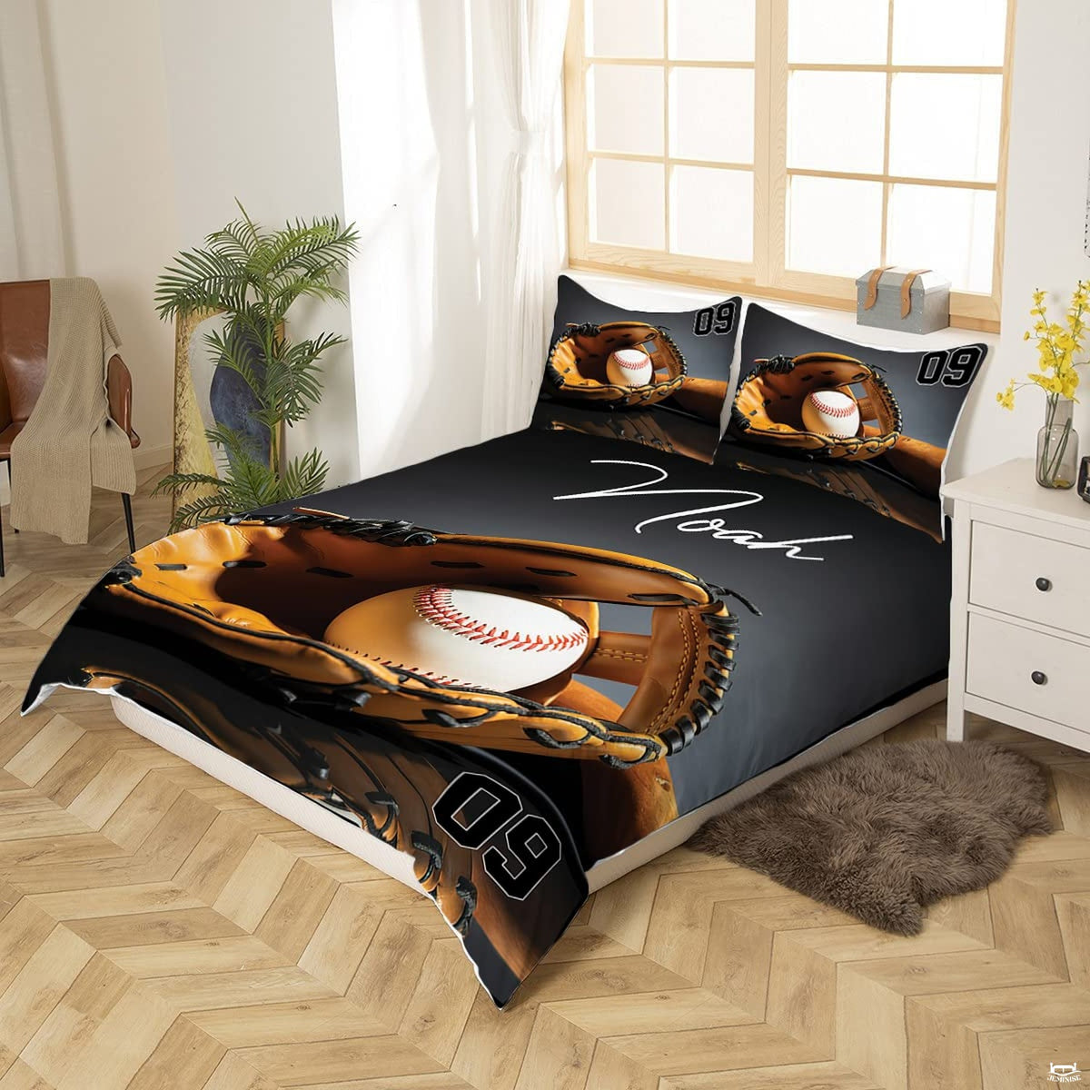 Matching pillowcase detail for athletic bedding set featuring coordinating orange baseball graphics
