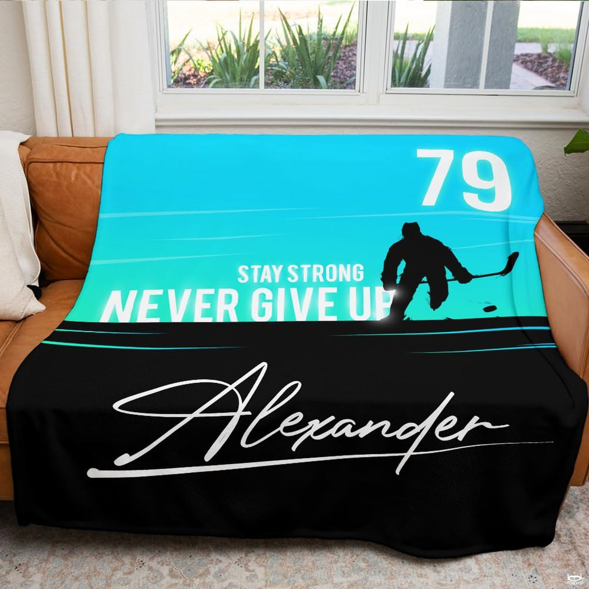 Overhead view of the ice hockey skater graphic and athletic styling on bedding decor.