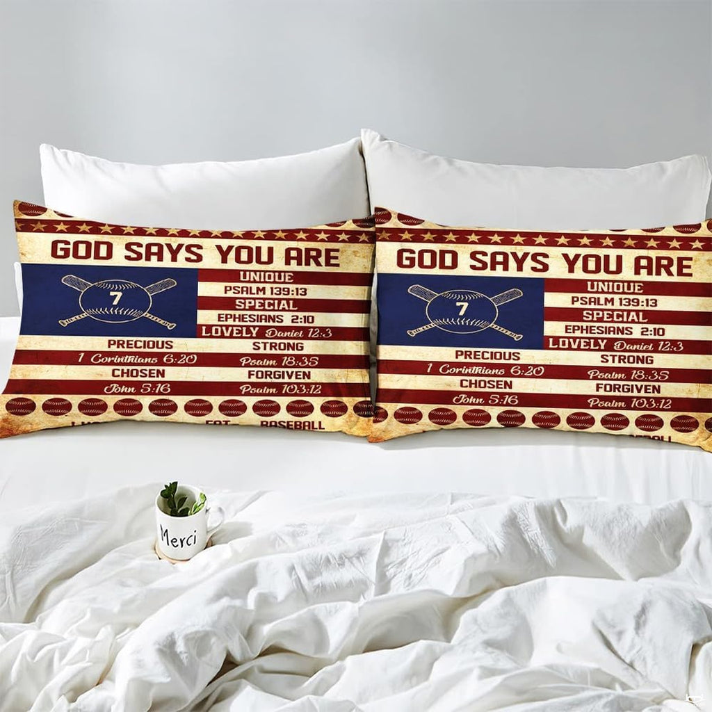 Side angle view of athletic sports bedding showing navy blue and scarlet red tones draped on mattress