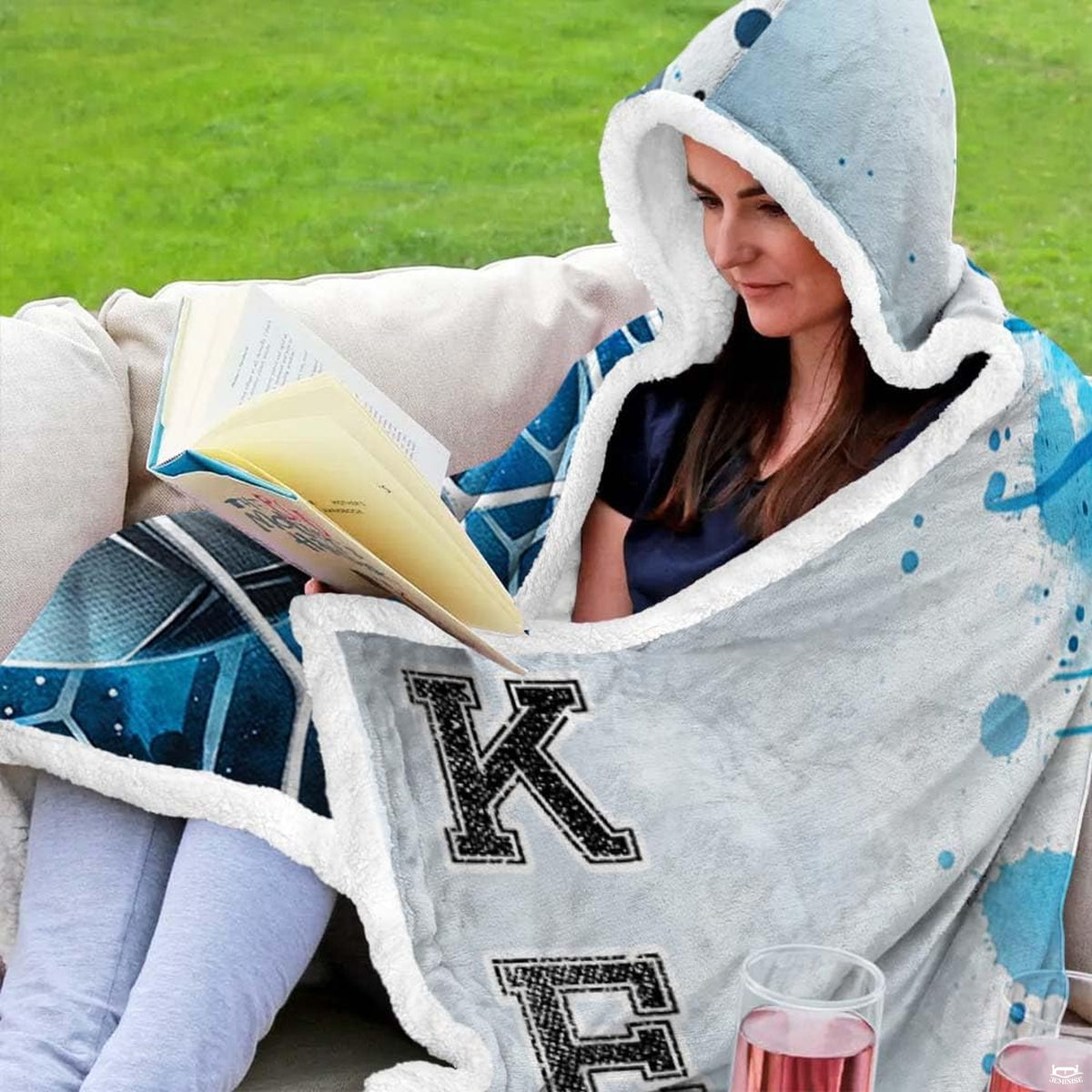 Blue watercolor soccer goal net sports blanket showing athletic design view 5