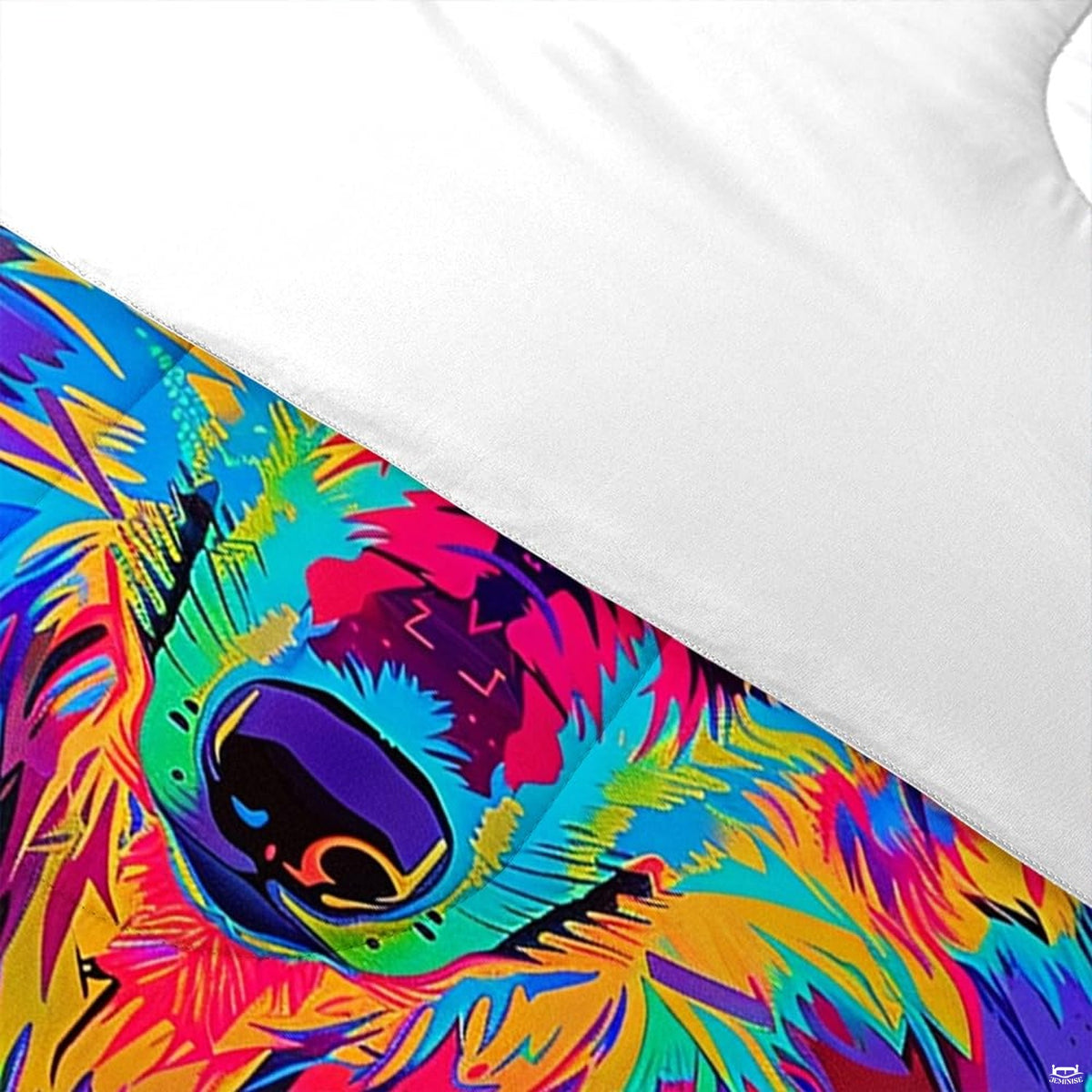 Detail of glossy wolf nose and bright cyan, green, pink, and yellow fur