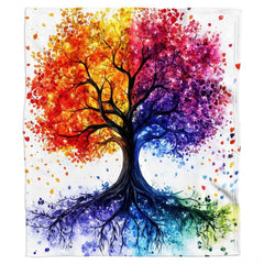 Watercolor rainbow tree of life colorful art blanket showing painterly design view 2