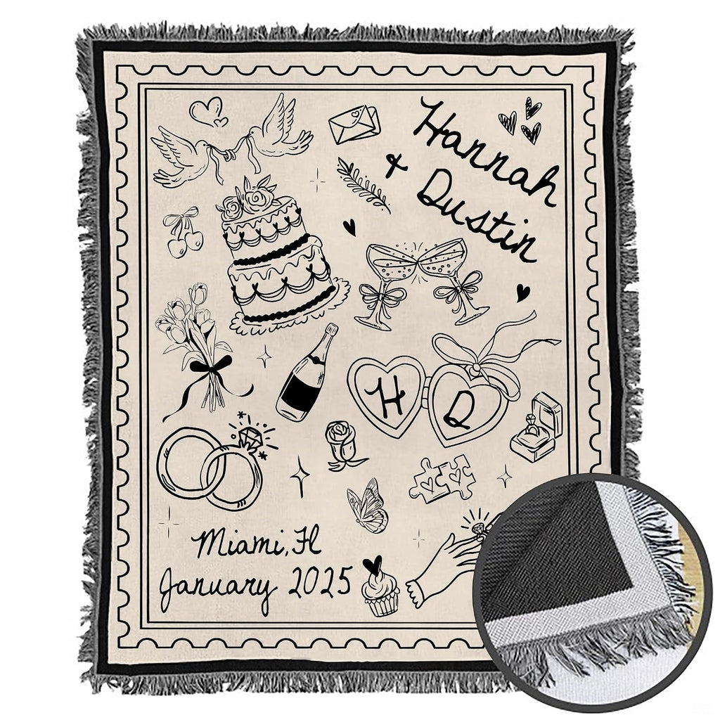 Folded wedding doodle throw blanket showing decorative fringe edges and black line printing