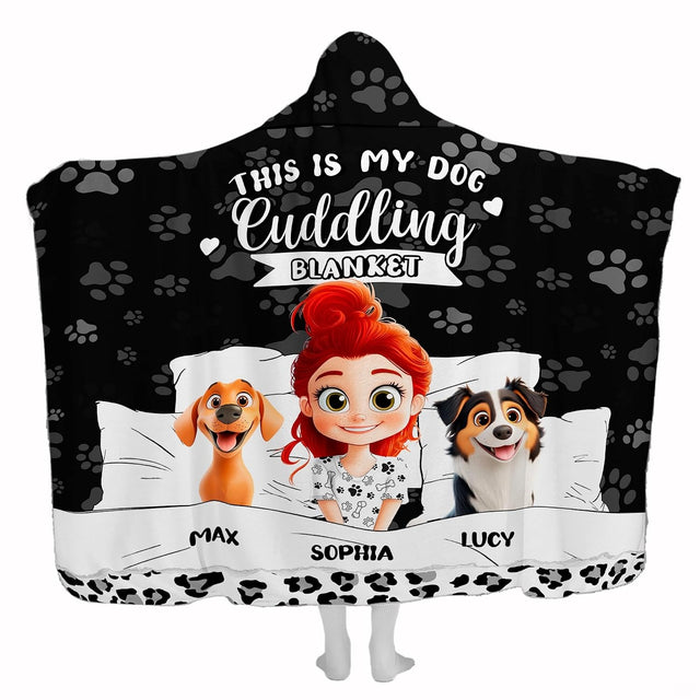 Happy bedding set displaying cheerful red-haired girl resting alongside two smiling dogs against heart and paw patterns.