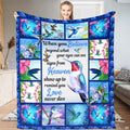 Hummingbird floral collage throw blanket featuring watercolor hummingbirds feeding on flowers with blue rose border