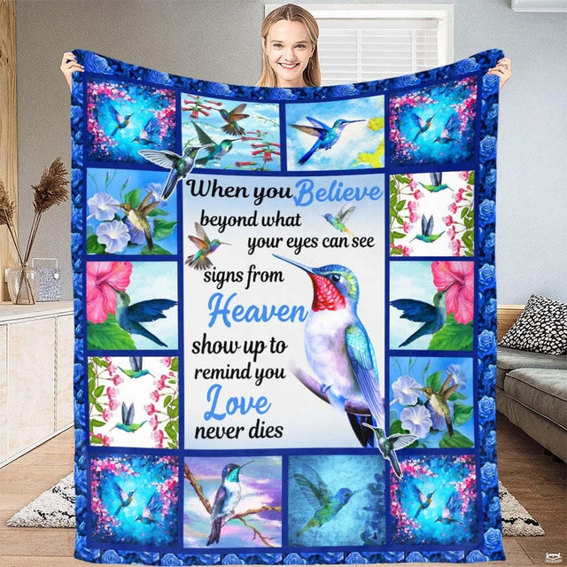 Hummingbird floral collage throw blanket featuring watercolor hummingbirds feeding on flowers with blue rose border