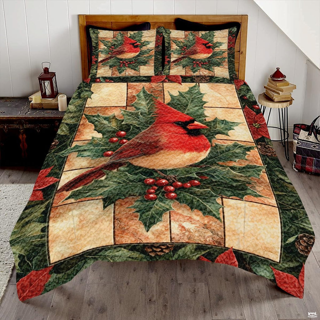 Red cardinal songbird evergreen botanical bedding set displayed neatly on a bed in a rustic winter bedroom