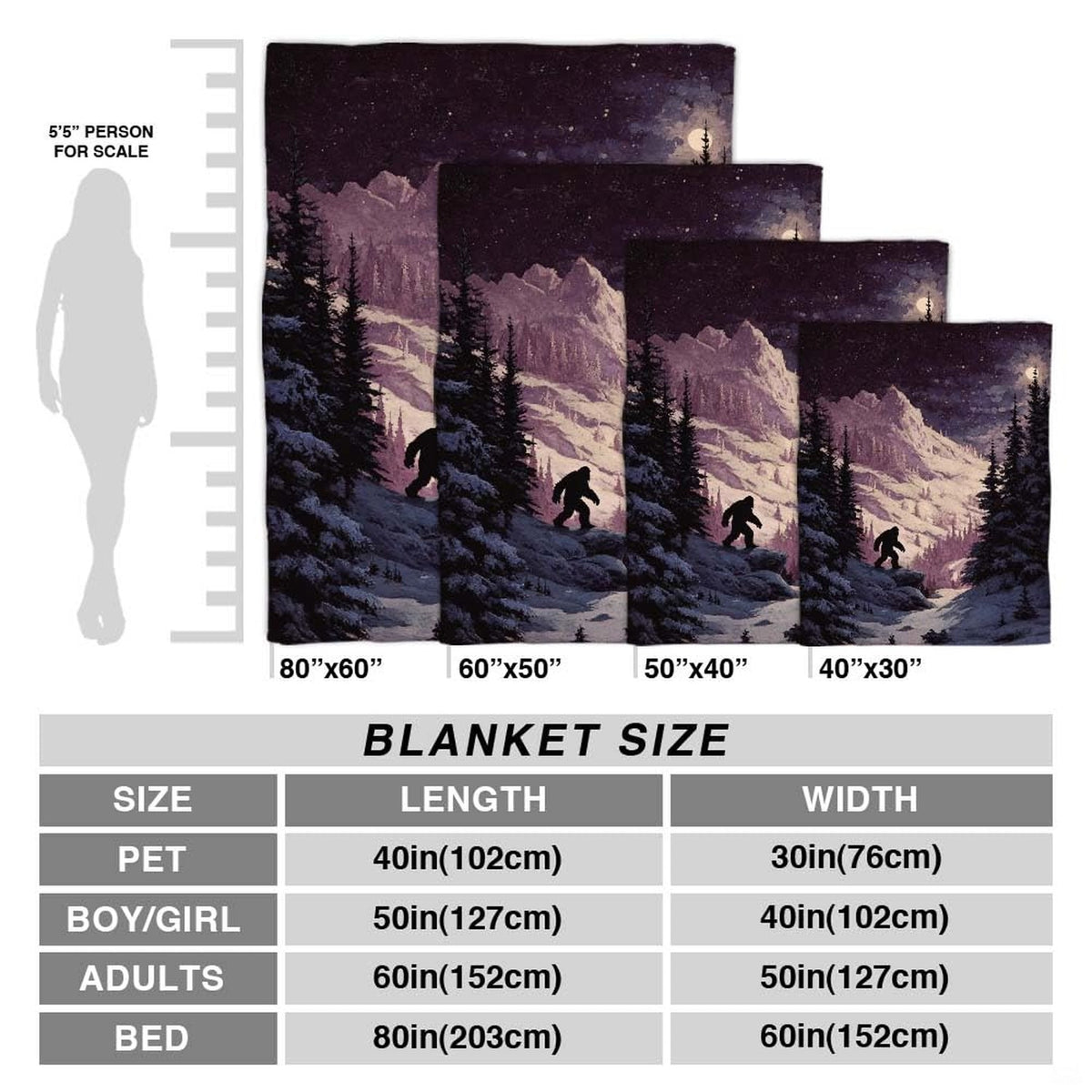 Close view of moonlit Sasquatch mountain art on knight bedding set backdrop