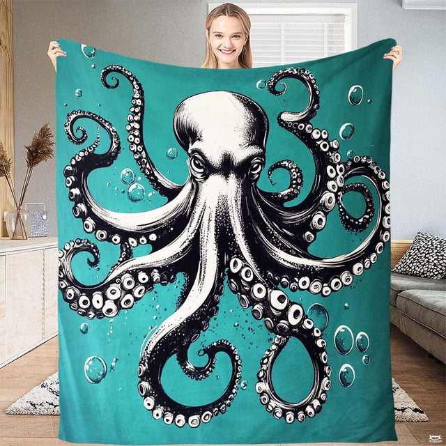 Country cottage bedding set featuring vintage black and white kraken tentacles on a bold turquoise teal backdrop.