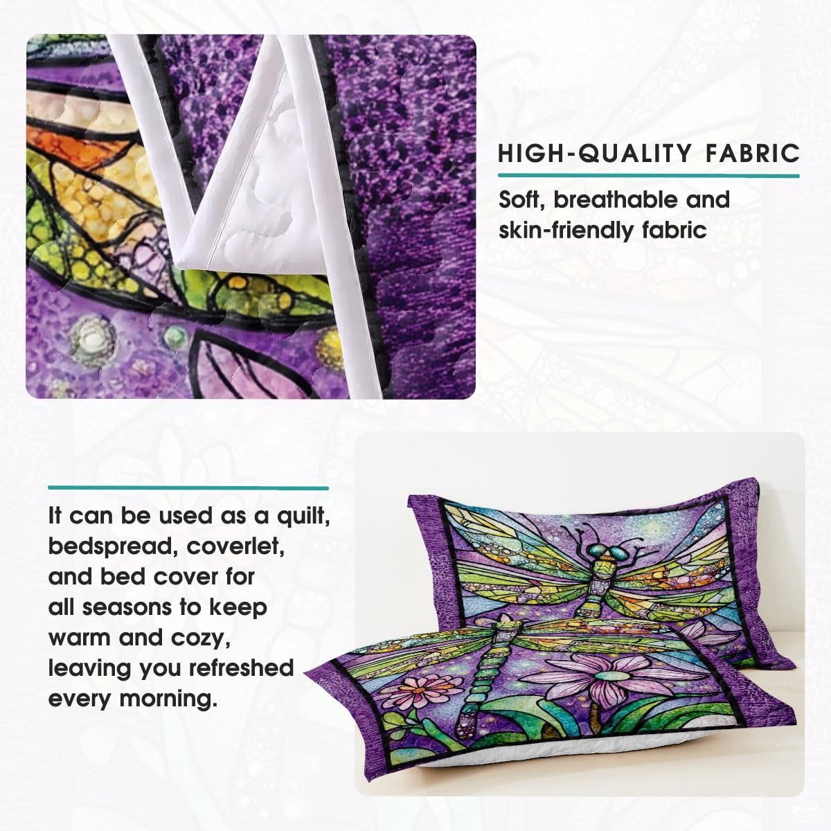 Dragonfly Pattern Quilt Set, Dragonflies Vintage Quilt Set Patchwork Style, Purple Patchwork Pattern Cotton Quilt Bedspread, Dragonfly Bedding Blanket for Daughter/Mother, Grandma