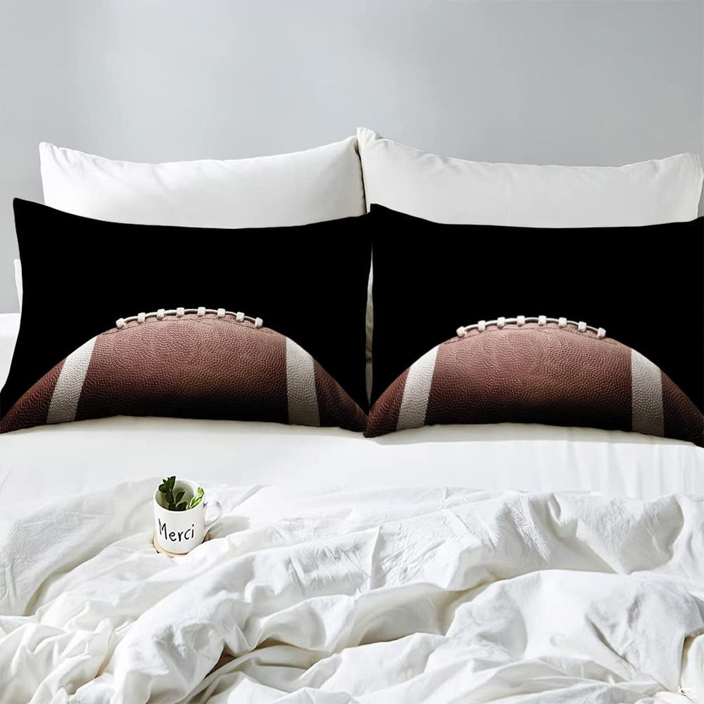 Corner fold view of football bedding highlighting sharp graphic printing on dark background