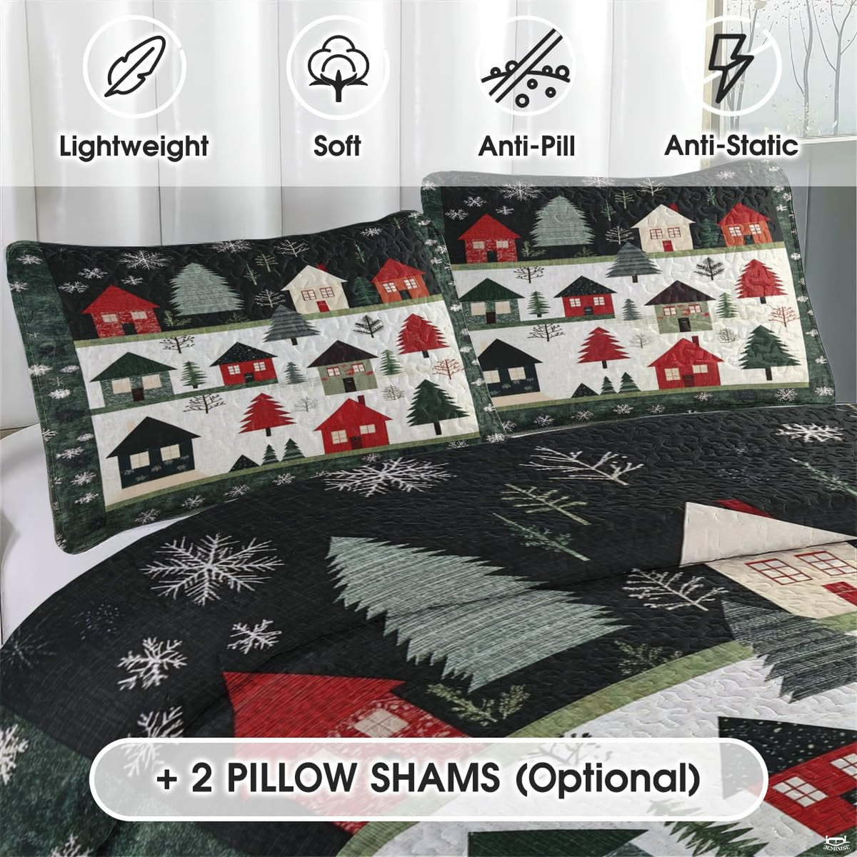 Decorative winter patchwork border featuring barn red, forest green, and cream geometric accents.
