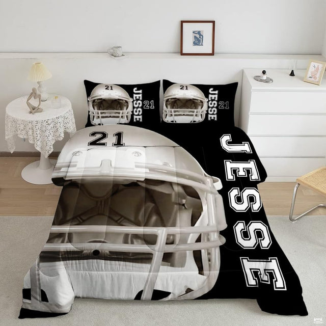 Silver and black footballer silhouette sports bedding featuring an athletic soccer player in motion on a bed