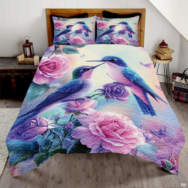 Rose garden bedding set displaying vibrant hummingbirds perched among blooming roses and lavender petals.