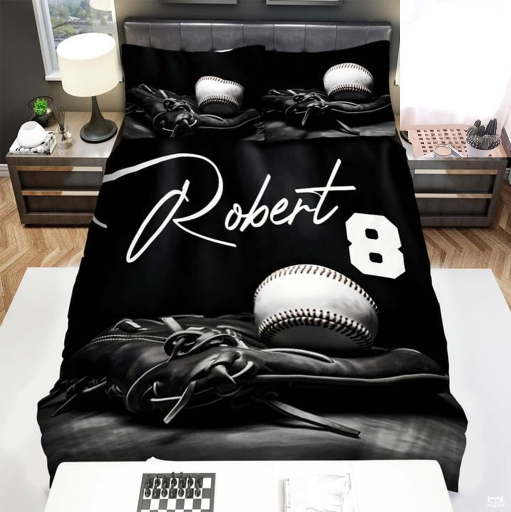 Personalized Baseball Bedding Full Size Flag Custom Name Duvet Cover Set Sport Decor Sports Comforter Bed Set (Baseball Black 2)