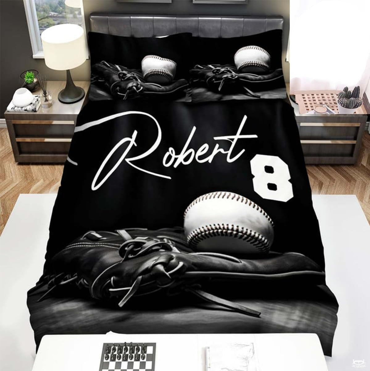 Personalized Baseball Bedding Full Size Flag Custom Name Duvet Cover Set Sport Decor Sports Comforter Bed Set (Baseball Black 2)