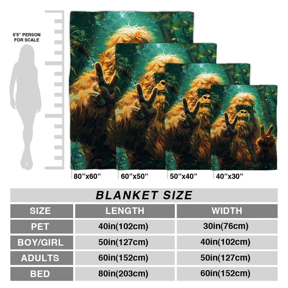 Folded groovy Bigfoot sunglasses throw blanket resting on wooden table displaying jungle artwork