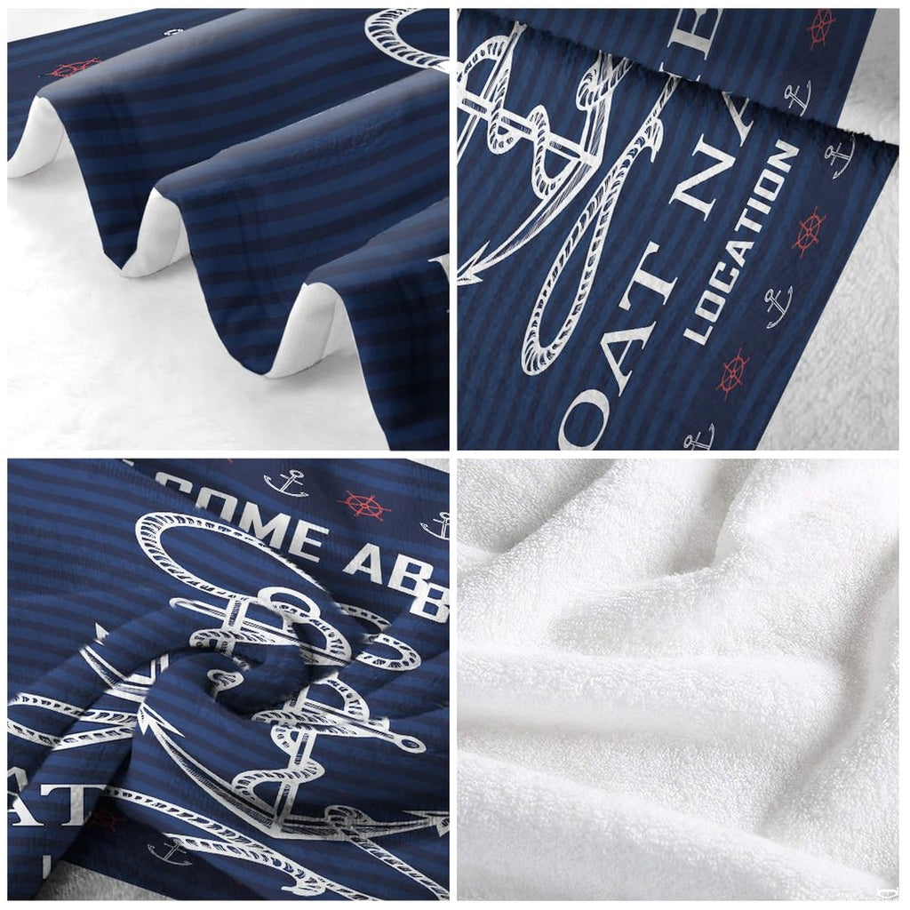 Navy nautical anchor throw blanket view 5 highlighting rope anchor, mini helm border, and wave patterns