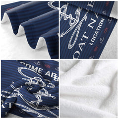 Navy nautical anchor throw blanket view 5 highlighting rope anchor, mini helm border, and wave patterns