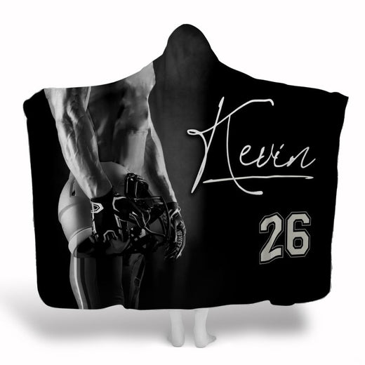 Football player monochrome throw blanket showing black and white athletic portrait holding helmet