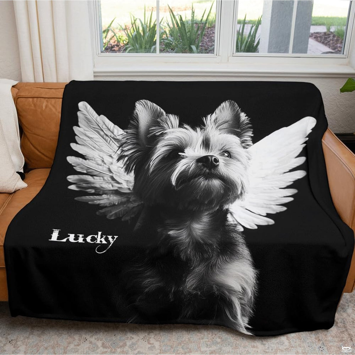 Modern bedroom decor styled with Yorkshire terrier angel tribute motif in thematic accent-contrast monochrome.