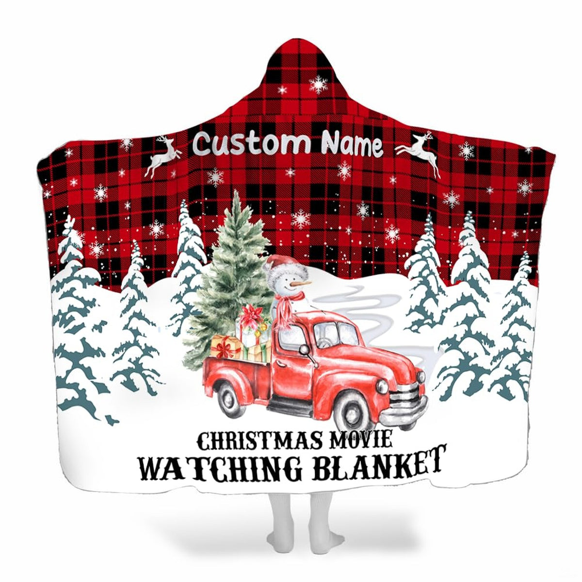 Buffalo plaid holiday bedding set with red and black checks, vintage truck, and reindeer artwork in a festive bedroom.