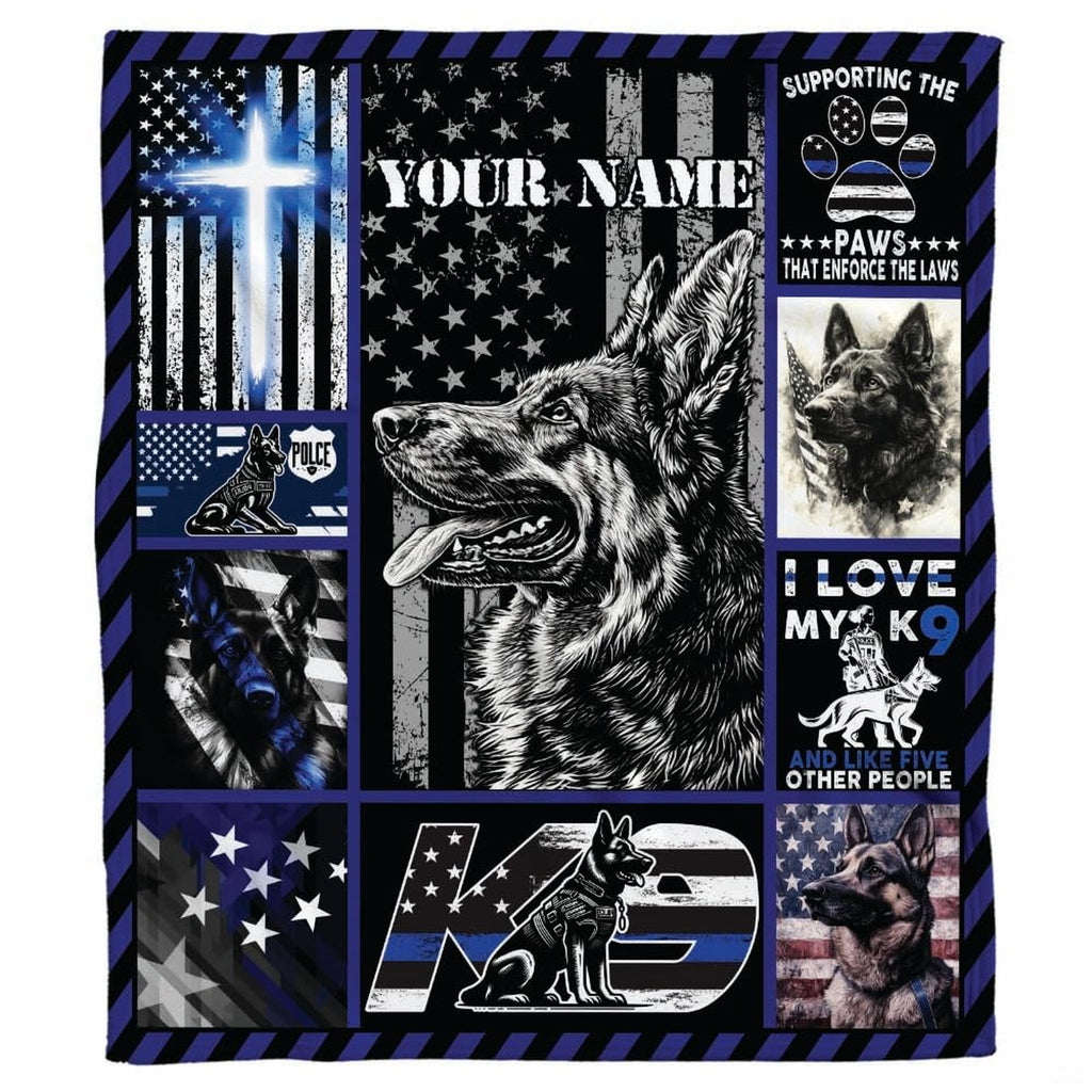 thematic accent-contrast police K9 tribute artwork displayed in a contemporary bedroom setting.