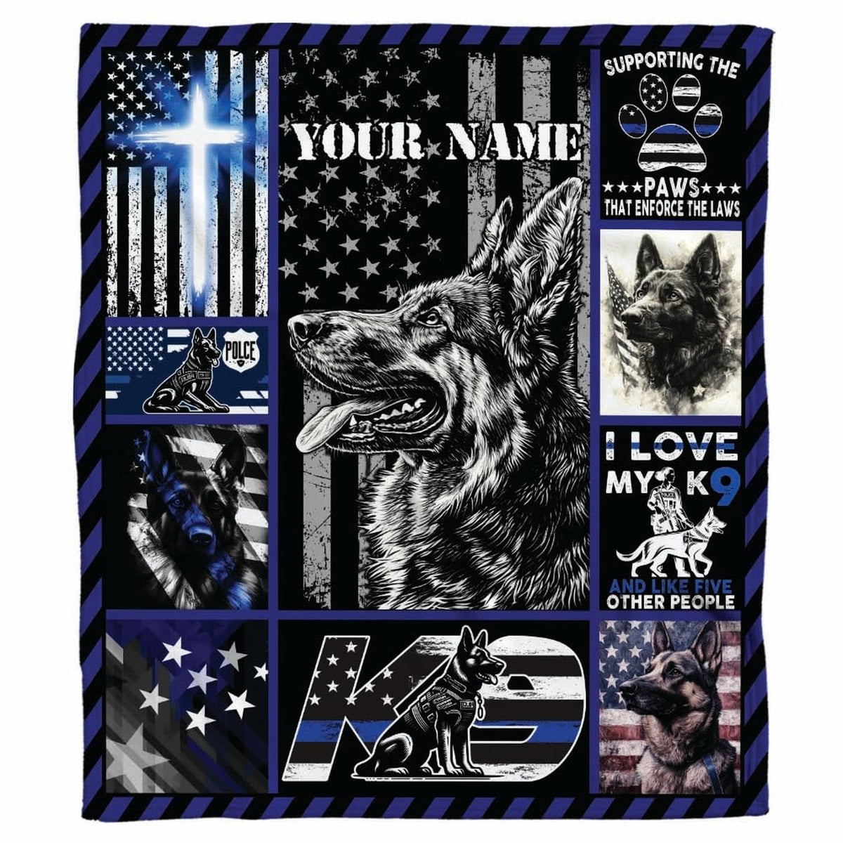 thematic accent-contrast police K9 tribute artwork displayed in a contemporary bedroom setting.