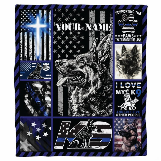thematic accent-contrast police K9 tribute artwork displayed in a contemporary bedroom setting.