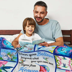 Hummingbird floral collage throw blanket view 3 highlighting iridescent bird artwork and garden room styling