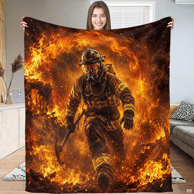 Close-up perspective of firefighter helmet, respirator mask, and reflective visor on Blanket.