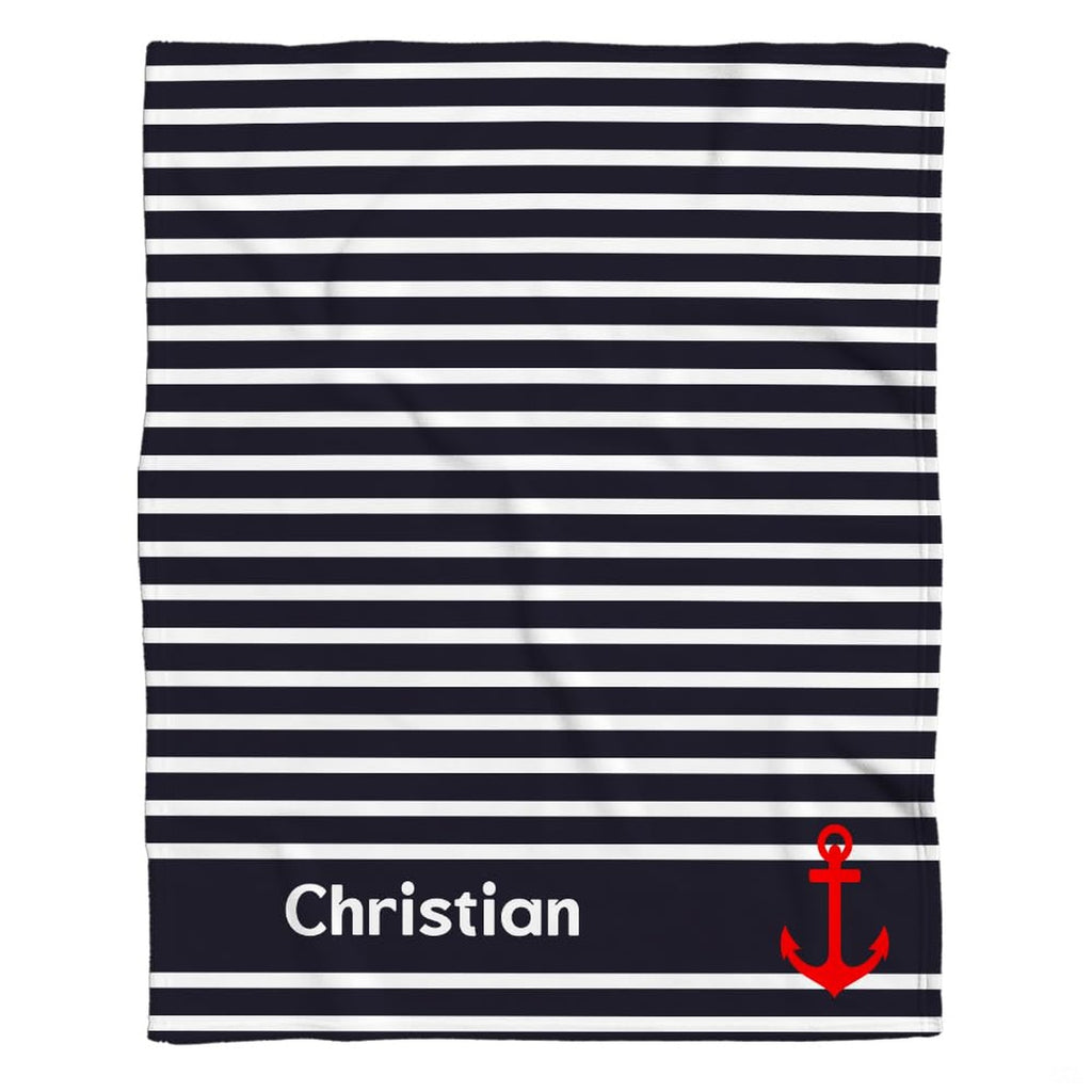 Classic bed cover set design presenting nautical sailor stripes and red maritime anchor detail.