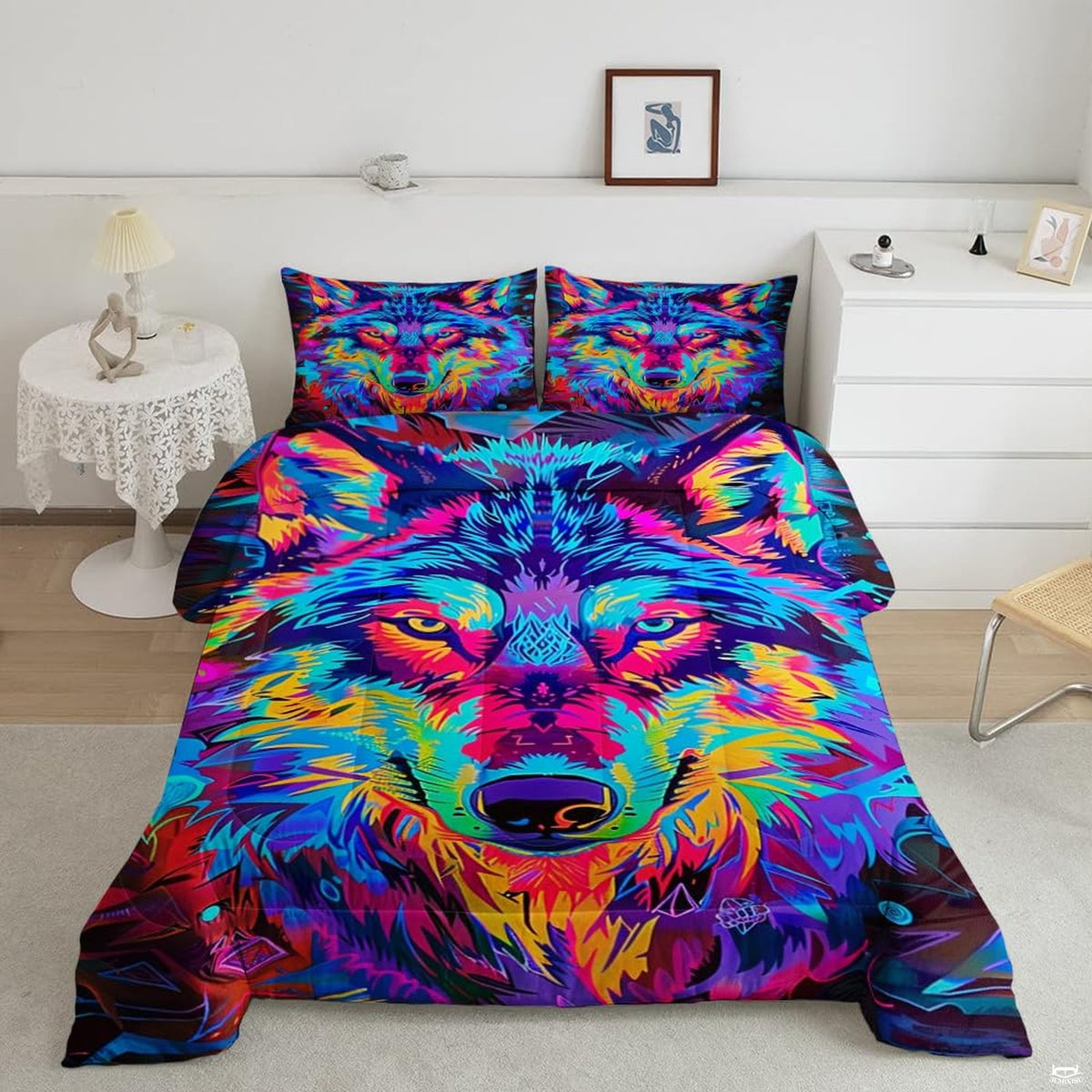 Neon wolf bedding mockup with vibrant rainbow portrait on a dark background