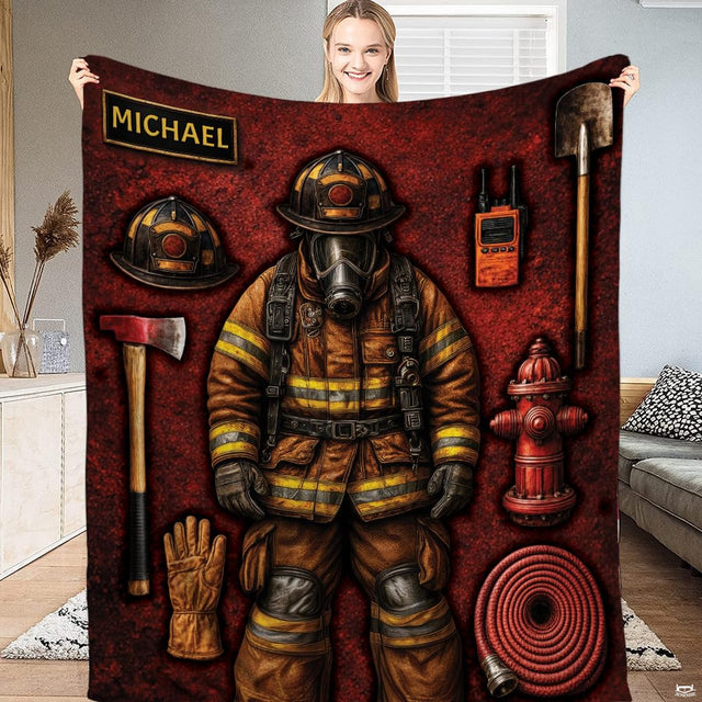Heroic firefighter bedding set featuring turnout gear, respirator mask, and axe over a crimson background.