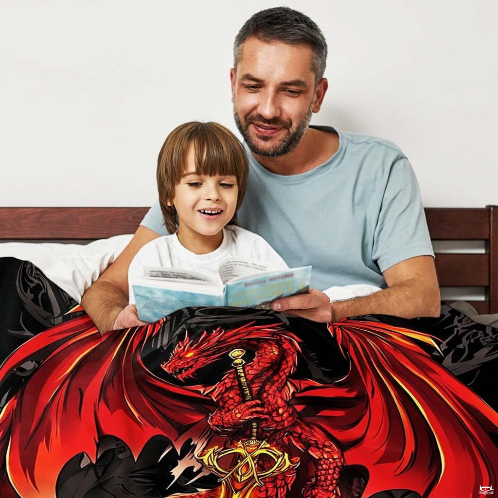Neatly folded red dragon sword throw blanket highlighting precise edge hem stitching and vibrant art print.
