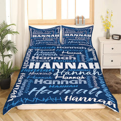 Matching pillow sham detail for typography bedding set displaying dense multi-font lettering in bedroom setting