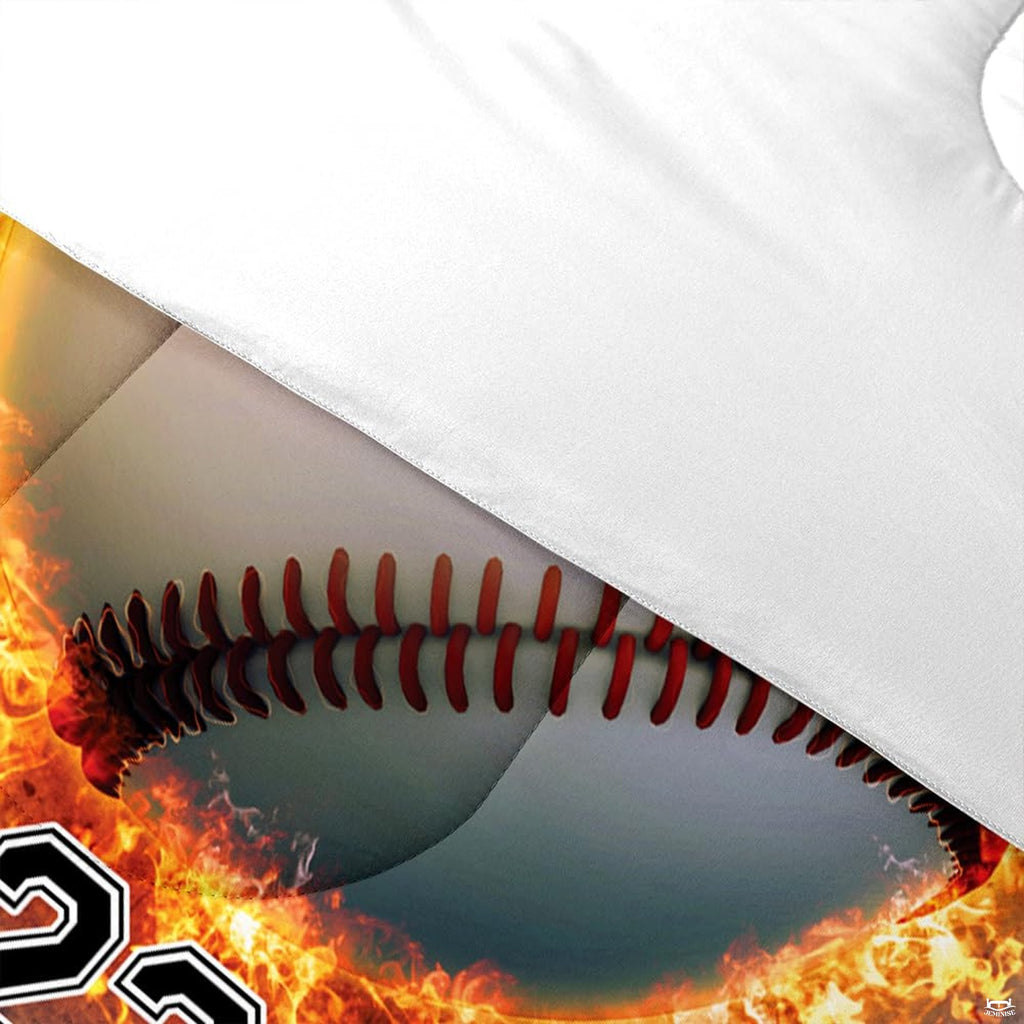 Folded presentation of baseball helmet bedding displaying sharp graphic clarity in crimson and gold tones
