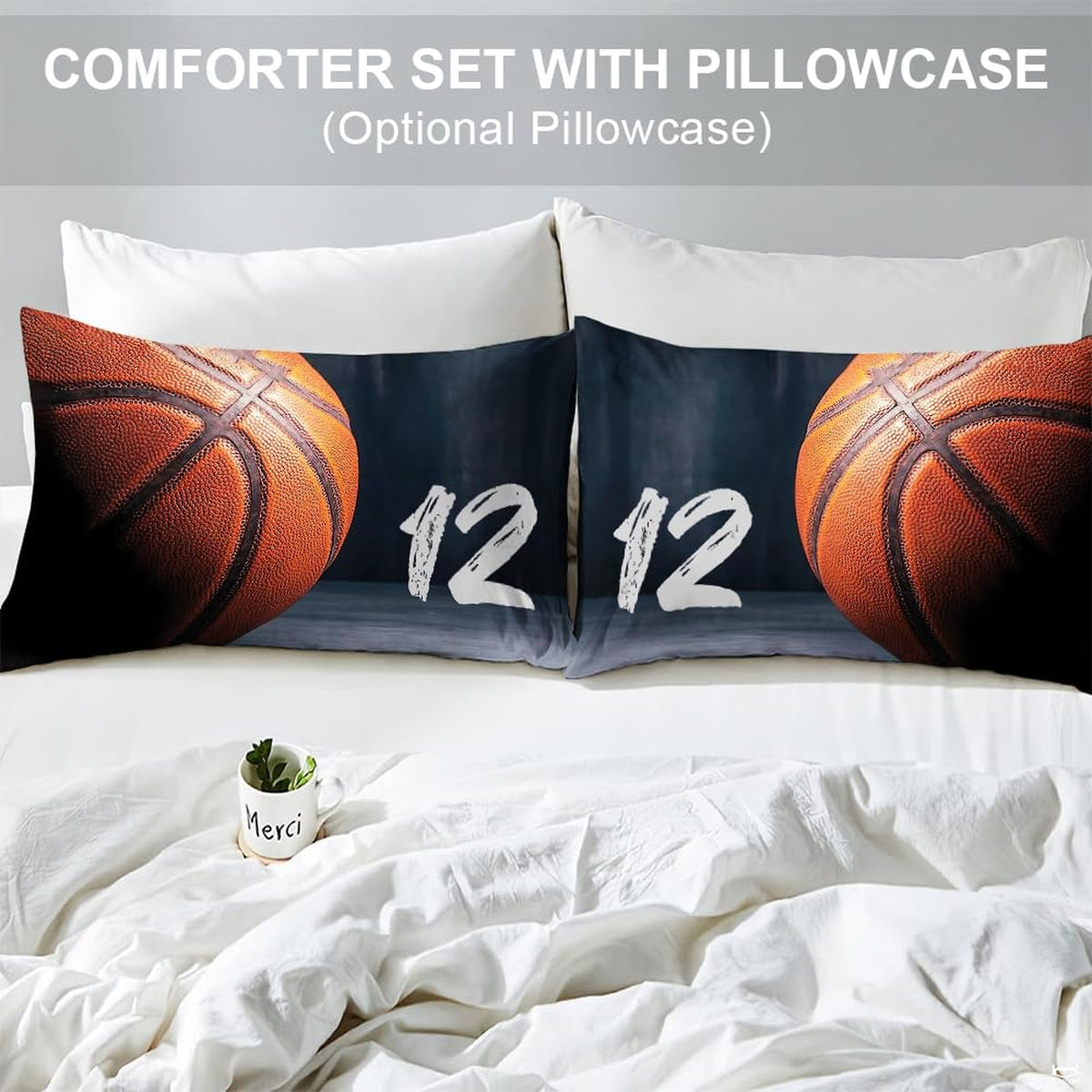 Matching pillowcase detail for athletic sports bedding set featuring coordinating grey basketball court graphics