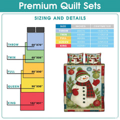 High-angle view of snowman bedding set highlighting balanced geometric patchwork panels across the bed.