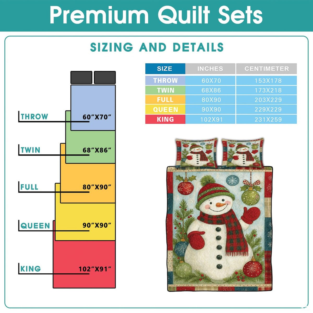 High-angle view of snowman bedding set highlighting balanced geometric patchwork panels across the bed.