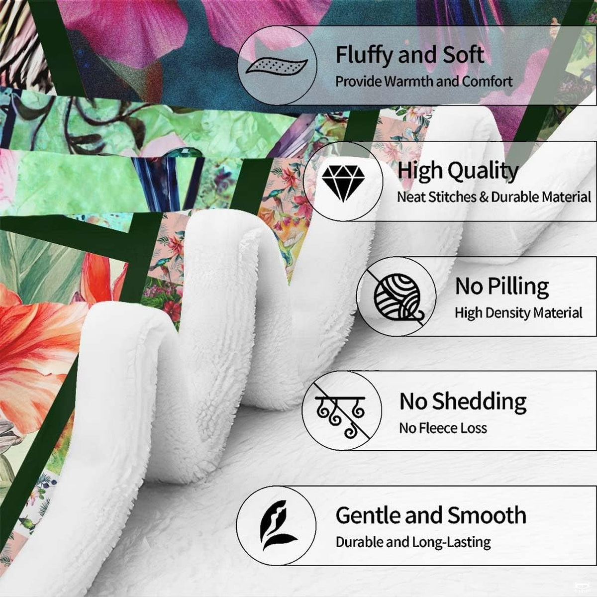 Overhead perspective of the complete hummingbird botanical collage design illustrating harmonious color balance.