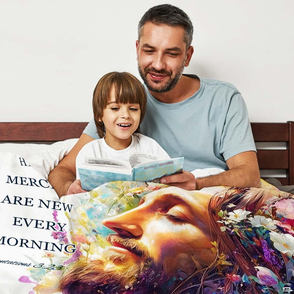 Bed presentation highlighting the uplifting watercolor Jesus Christ scripture blanket.